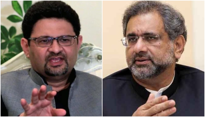 Former finance minister Miftah Ismail (left) and former prime minister Shahid Khaqan Abbasi. — Reuters/APP