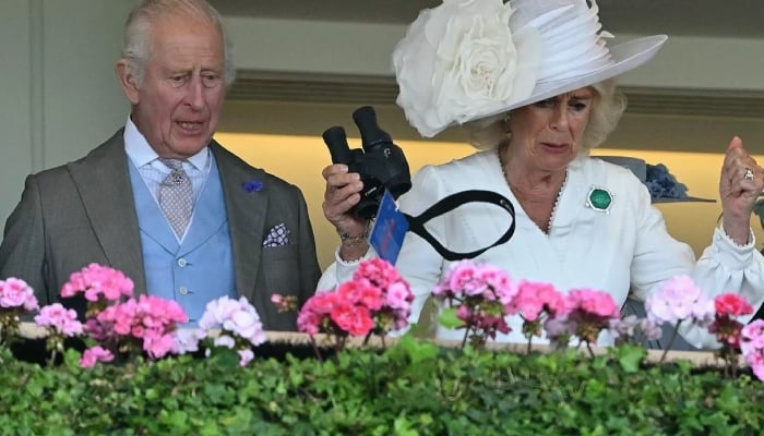 The Queen was captured looking frustrated while watching the race through binoculars