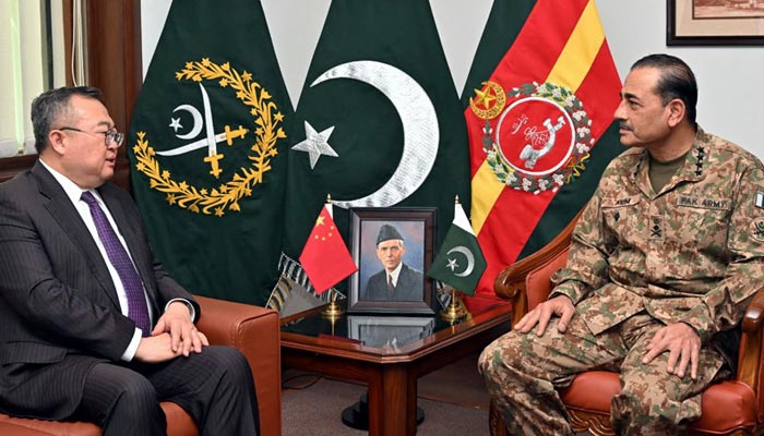 Chinese minister Liu Jianchao (left) in a meeting with Chief of Army Staff (COAS) General Asim Munir at the General Headquarters in Rawalpindi on June 21, 2024. — Radio Pakistan