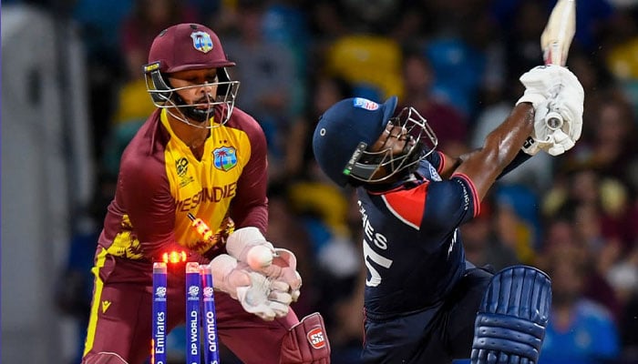 USA batter Aaron Jones seen being clean bold with West Indies wicket-keeper seen in the background in this pciture taken on June 22, 2024.— X@ESPNCricinfo