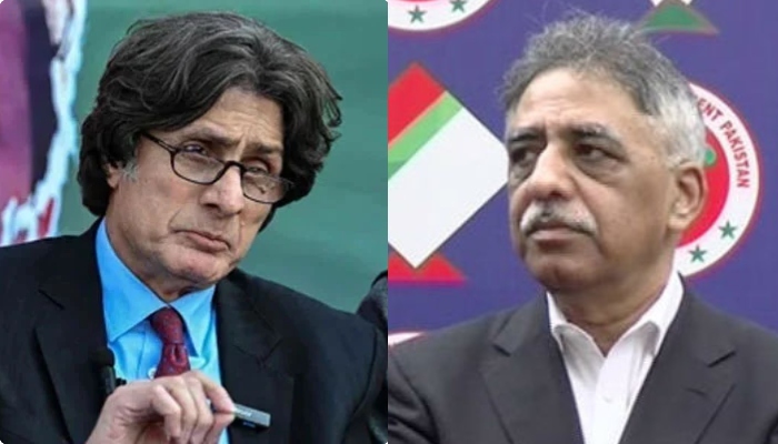 Pakistan Tehreek-e-Insaf Central Information Secretary Raoof Hasan (left) and former Pakistan Muslim League-Nawaz leader Muhammad Zubair (right). —AFP/YouTube/GeoNews/File