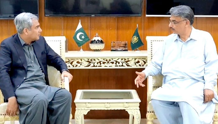 Interior Minister Mohsin Naqvi (left) meets AJK PM Chaudhry Anwarul Haq in Islamabad on June 23, 2024. — State media