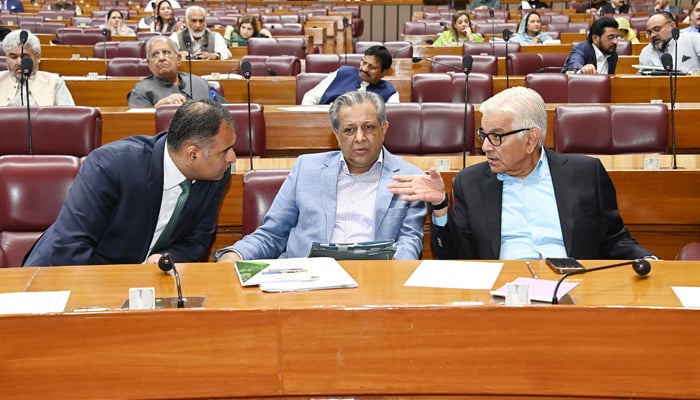 (Left to right): MNA Bilal Kayani and federal ministers Azam Nazeer Tarar and Khawaja Asif talk during National Assembly session on June 23, 2024. — X/@NAofPakistan