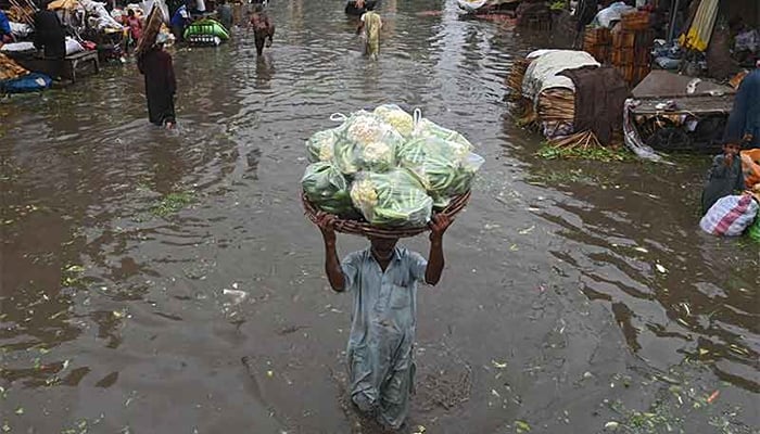 A labourer carries a basket loaded with vegetables as he wades through a flooded street after heavy monsoon rains in Lahore on August 20, 2020. — AFP