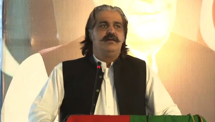 In this still, KP CM Ali Amin Gandapur speaks on the 28th foundation day of PTI on April 25, 2024. — Facebook/Ali Amin Khan Gandapur