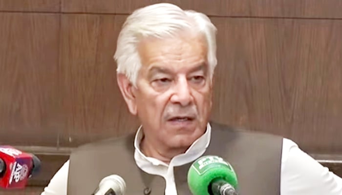Defence Minister Khawaja Asif speaks during a press conference in Lahore, on June 25, 2024. — Screengrab/GeoNewsLive