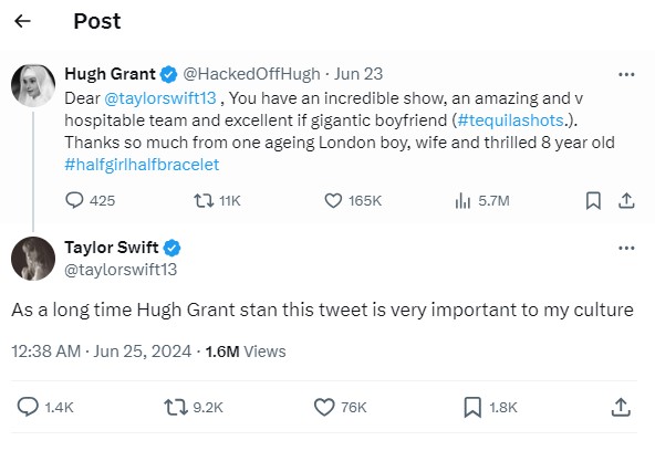 Taylor Swift reacts to Hugh Grants shout-out of beau Travis Kelce