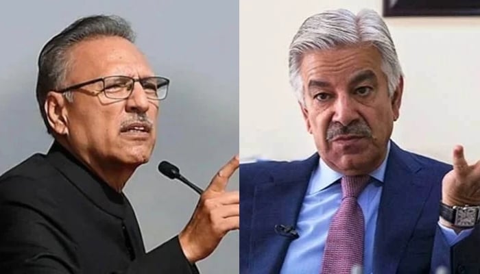 A collage of PTI leader Arif Alvi (left) and Defence Minister Khawaja Asif. — AFP/ X/@FarhatJaved/File