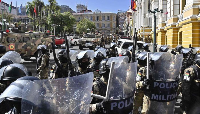 Military troops are deployed outside the Quemado Palace at the Plaza Murillo in La Paz on June 26, 2024. — AFP