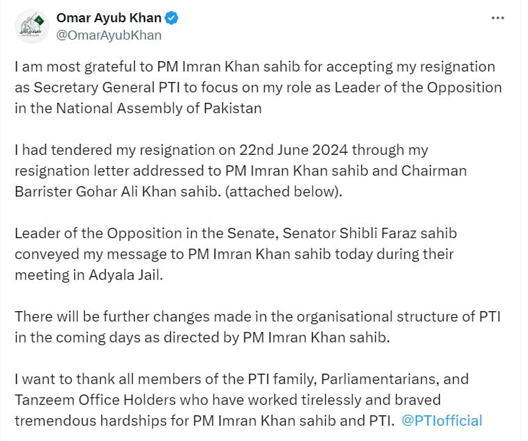 PTI top leader Omar Ayub Khan resigns as party’s secretary-general