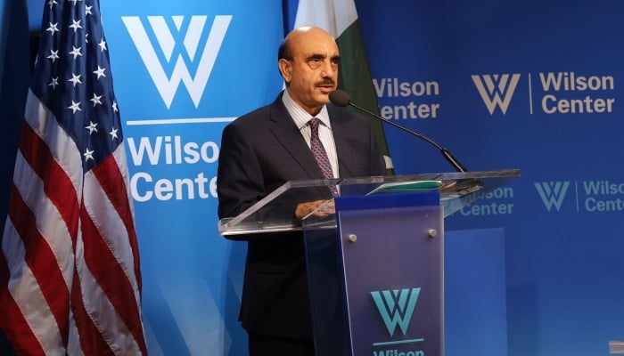 Pakistans Ambassador to the United States Masood Khan addressing at the Wilson Centers South Asia Institute in Washington. —PR