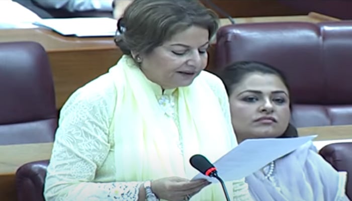 PML-N lawmaker Shaista Pervaiz Malik tables a resolution in the National Assembly against US House of Representatives’ resolution seeking Pakistan election probe, on June 28, 2024. — Screengrab via Geo News