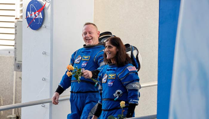 NASA astronauts Butch Wilmore and Sunita Williams walk at NASAs Kennedy Space Center, ahead of Boeings Starliner-1 Crew Flight Test (CFT) mission on a United Launch Alliance Atlas V rocket to the International Space Station, June 5, 2024. — Reuters
