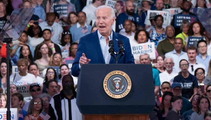 US President Joe Biden speaks at a post-debate campaign rally on June 28, 2024 in Raleigh, North Carolina, US. — AFP