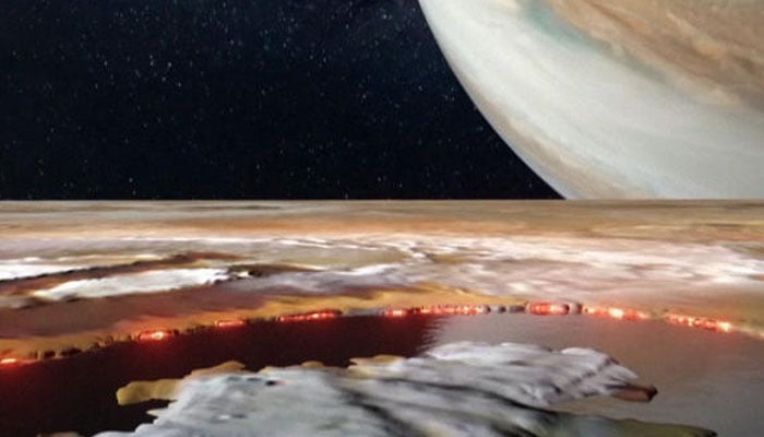 An illustration depicting a lava lake on surface of Jupiters moon Io. — Nasa/File