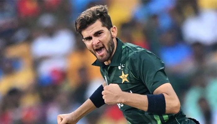 Pakistans Shaheen Shah Afridi celebrates after taking the wicket of Australia´s Marcus Stoinis during the 2023 ICC Men´s Cricket World Cup between Australia and Pakistan at the M. Chinnaswamy Stadium in Bengaluru on October 20, 2023. — AFP