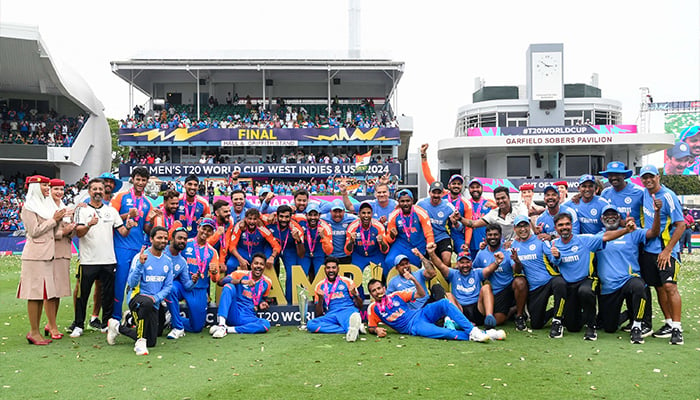 Team India celebrates with the trophy after winning the ICC mens Twenty20 World Cup 2024 final cricket match, India vs South Africa, Kensington Oval in Bridgetown, Barbados, June 29, 2024. — AFP