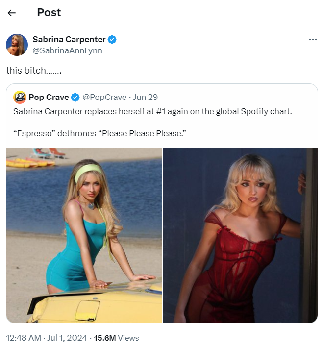 Sabrina Carpenter reacts to being dethroned on Spotify by surprise singer