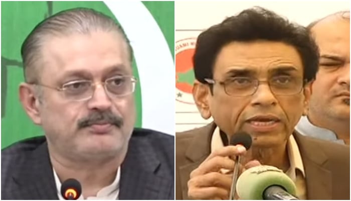 MQM-P convener Dr Khalid Maqbool Siddiqui (right) and Sindh Information Minister Sharjeel Inam Memon during separate press conferences in Karachi on July 1, 2024. — Screengrab/Geo News