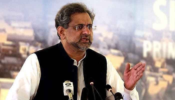 Former prime minister Shahid Khaqan Abbasi addresses a press conference in this undated photo. — APP