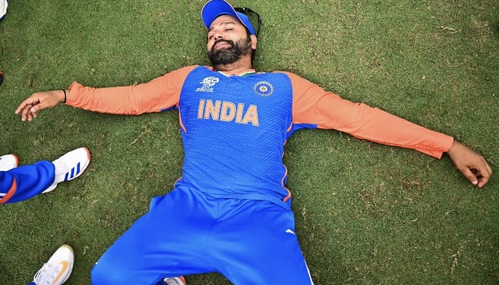 Indian captain Rohit Sharma lying on ground after winning ICC T20 World Cup 2024 on June 29, 2024. —Facebook/ @RohitSharmaOfficialPage