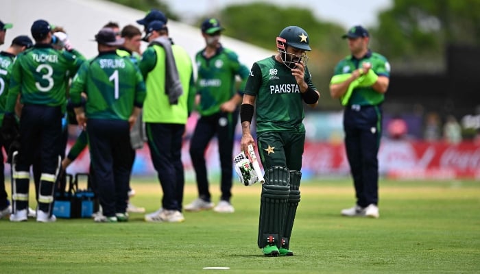 Wicketkeeper Mohammad Rizwan walks out after being dismissed during the ICC Twenty20 World Cup 2024 match between Pakistan and Ireland at Central Broward Park & Broward County Stadium in Lauderhill, Florida, on June 16, 2024. —AFP