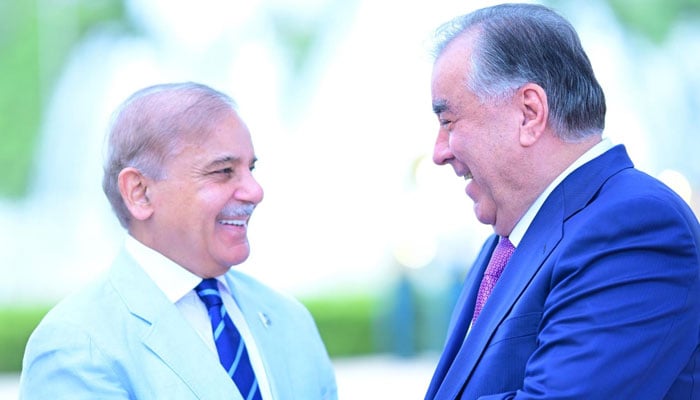 Prime Minister Shehbaz Sharif (left) meets President of Tajikistan Emomali Rahmon at the Qasr-e-Millat on July 2, 2024. — PID