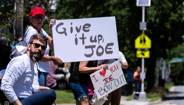 Protesters gather outside of Sherman Middle School where US President Joe Biden held a rally on July 5, 2024 in Madison, Wisconsin, USA. —AFP