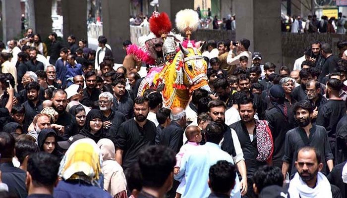 A large number of mourners participate in 10th Muharram procession to mark Ashoura in Rawalpindi on July 29, 2023. — APP