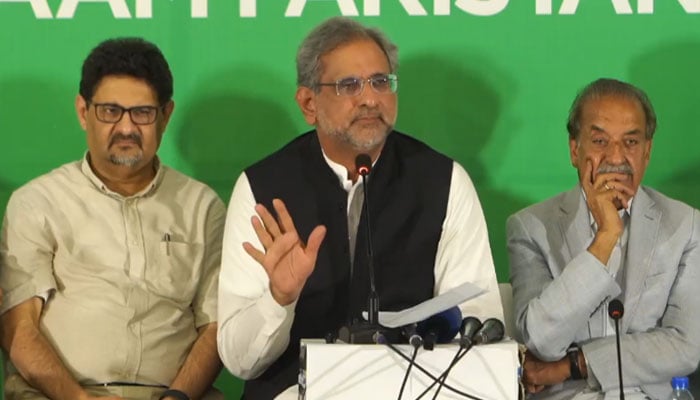 Awam Pakistan leaders Shahid Khan Abbasi (centre), Miftah Ismail (left) and Mehtab Abbasi speaking at the launch of party in Islamabad on July 6, 2024. — Screengrab via Facebook/Miftah Ismail