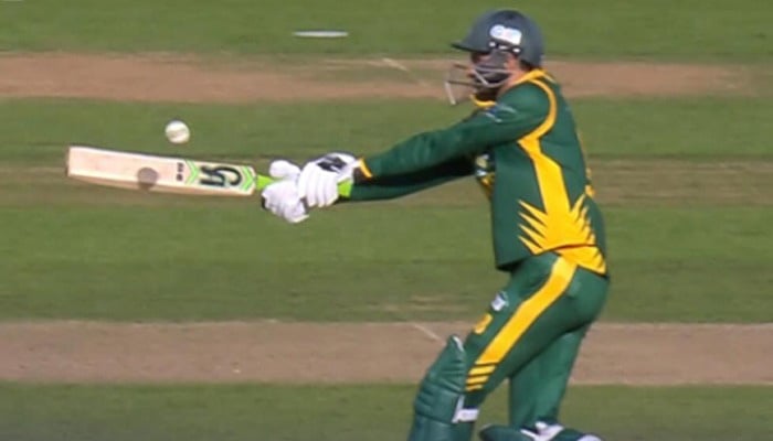 Pakistan batter Shoaib Malik in action during World Champions of Legends 2024 against England at Edgbaston Stadium, Birmingham, July 7, 2024. — Screengrab via Geo Super