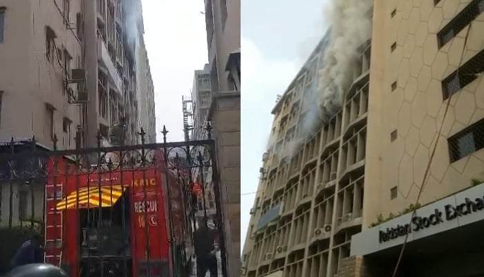 Smoke arises from the fourth floor of the PSX building in Karachi on July 8, 2024. — Reporter