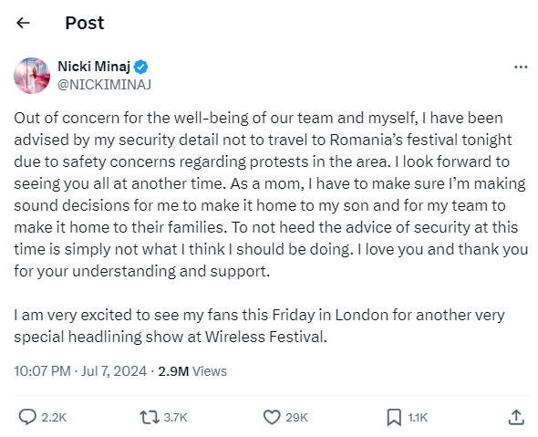 Nicki Minaj cancels Romanian festival gig due to ‘safety concerns’