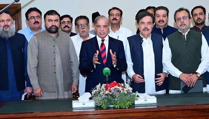 Prime Minister Shehbaz Sharif talking to the media in Quetta on 8 July, 2024. — PID