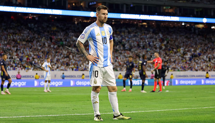 Argentina’s forward #10 Lionel Messi looks on before Ecuador’s forward #13 Enner Valencia takes a penalty kick during the Conmebol 2024 Copa America tournament quarter-final football match between Argentina and Ecuador at NRG Stadium in Houston, Texas, on July 4, 2024. —AFP