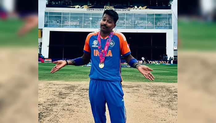 Indias Hardik Pandya poses for a picture after winning  T20 World Cup 2024 final match between against South Africa at Kensington Oval in Bridgetown, Barbados, on June 29, 2024. — Instragram/hardikpandya93