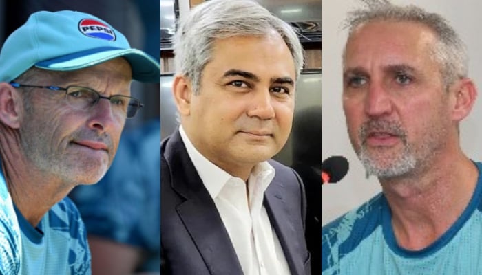 (From left to right) Pakistans white-ball coach Gary Kirsten, PCB Chairman Mohsin Naqvi and teams red-ball coach Jason Gillespie. — AFP/NNI/Facebook/Pakistan Cricket Team/File