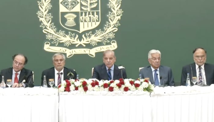 Prime Minister Shehbaz Sharif (centre) is addressing an event in Islamabad on July 9, 2024. — Screengrab/YouTube/GeoNews