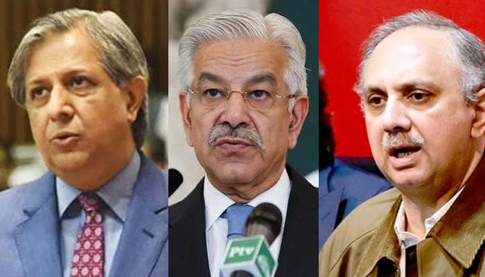 (left to right): Minister for Law and Justice Azam Nazeer Tarar, Defence Minister Khawaja Asif and Leader of the Opposition in the National Assembly Omar Ayub Khan. — APP/ file