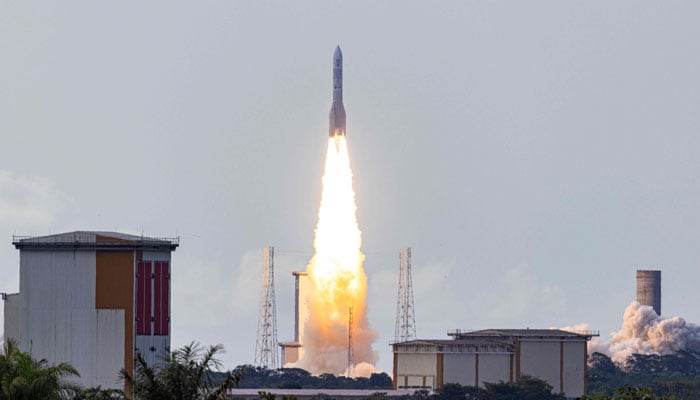 This photograph shows the take-off of the European Space Agency (ESA) satellite launcher Ariane 6 rocket from its launch pad, at the Guiana Space Centre in Kourou, French Guiana, on July 9, 2024. — AFP