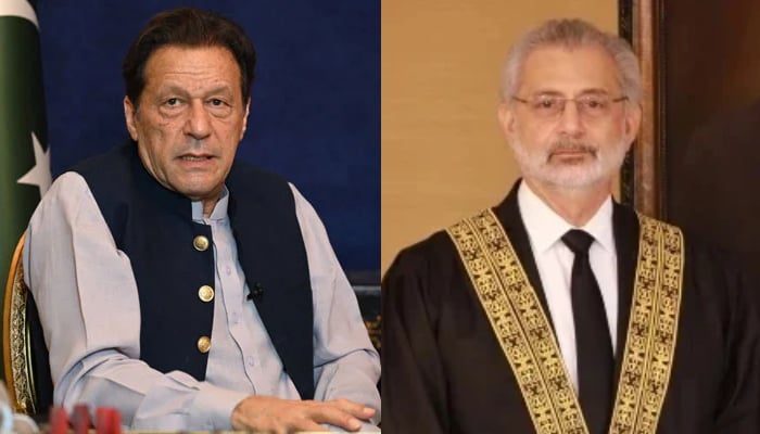 PTI founder Imran Khan (left) and CJP Qazi Faez Isa. — AFP/Screengrab via State Media/File