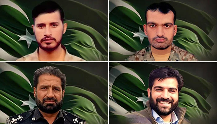 (Clockwise from top Left to right): Pakistan Armys Sepoy Muhammad Idrees, Sepoy Badam Gul, KP Polices Sub-Inspector Tajmir Shah and Assistant Sub Inspector Muhammad Akram. — ISPR