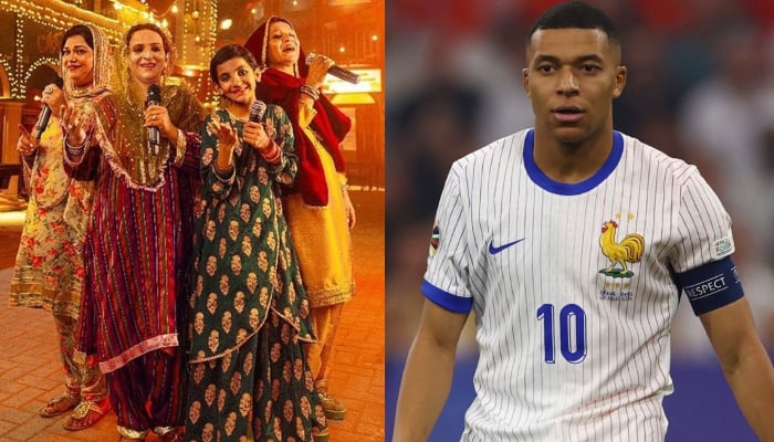 This combination of images shows Pakistans Gharwi Group members Abida, Rooha Rawal, Sajida Bibi, and Saba Hassan and French footballer Kylian Mbappe. — Coke Studio, Reuters/File