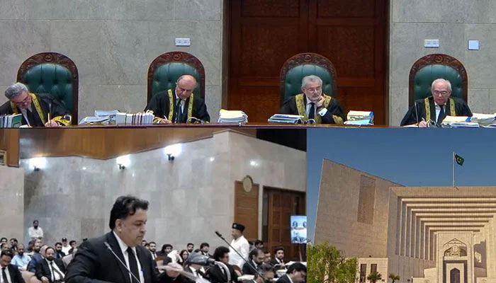 CJP Qazi Faez Isa (second right) leads the 13-member SC bench hearing SICs plea on reserved seats issue on July 9, 2024. — Screengrab/YouTube/Geo News