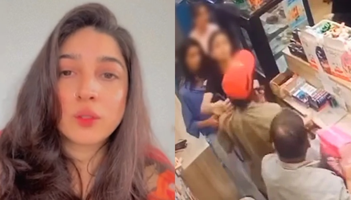 Pakistani actor Mariyam Nafees (left) and a still taken from the incidents CCTV video. — Screengrab/mariyam.nafees/Instagram/Geo News