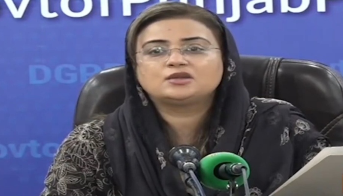 Punjab Minister for Information Azma Bokhari addressing press conference in Lahore on July 13, 2024. —Screengrab/ Geo News