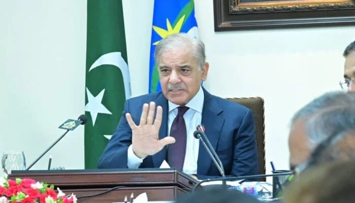 Prime Minister Muhammad Shehbaz Sharif addressing officers during his visit to headquarters of the Federal Board of Revenue in Islamabad on July 13, 2024. — APP