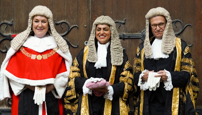 Shabana Mahmood (centre), the United Kingdoms new Lord Chancellor poses for photos with Lady Chief Justice Sue Carr (left) and Master of the Rolls Geoffrey Vos at oath-taking ceremony at the Royal Courts of Justice in London on July, 15, 2024. — X/@MoJGovUK