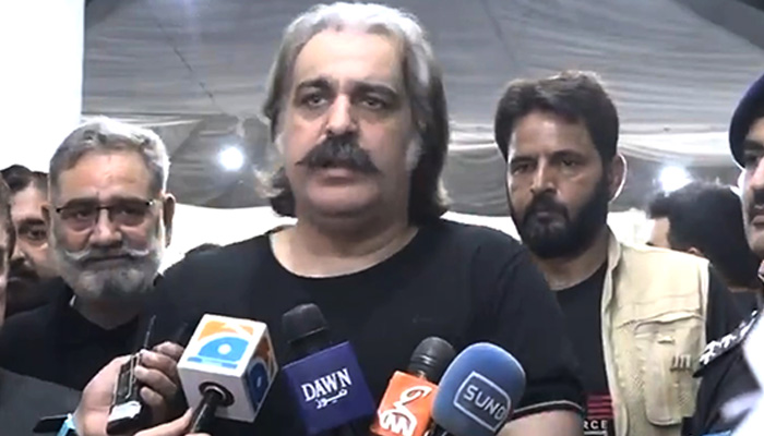 Khyber Pakhtunkhwa Chief Minister Ali Amin Gandapur address the press conference in Peshawar on July 16, 2024. — Screengrab via Geo News