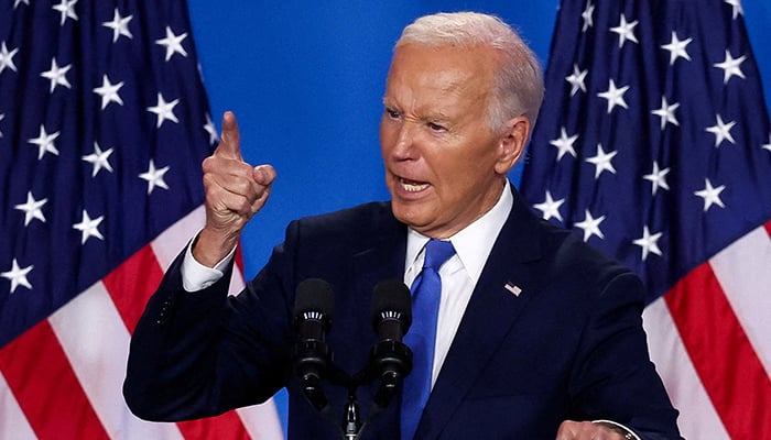 US President Joe Biden gestures as he speaks at a press conference during NATOs 75th anniversary summit, in Washington, US, July 11, 2024. — Reuters